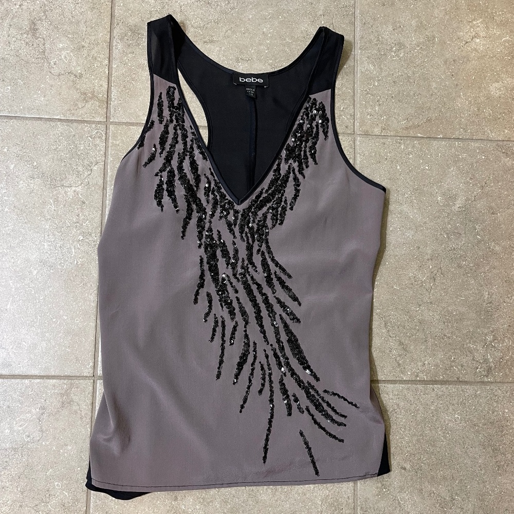 Bebe Gray Purple Black Sequin V- Neck Tank  Top